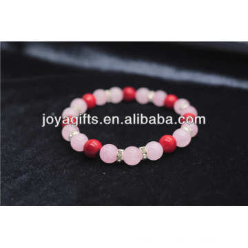 Handmade Natural Rose Quartz With 8MM Round Red Coral Beaded Bracelet/Gemstone Bracelet